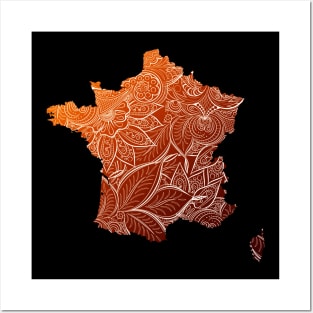 Colorful mandala art map of France with text in brown and orange Posters and Art